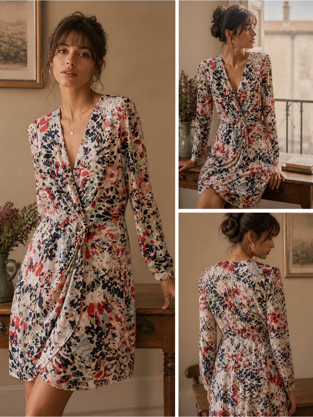 Floral Wrap Long Sleeve Dress in Cream, Navy & Coral